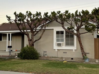 Taupe colored house with white trim after being painted.