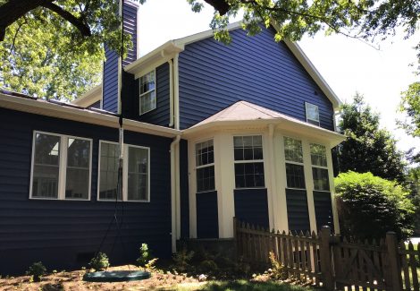 Blue siding with white trim
