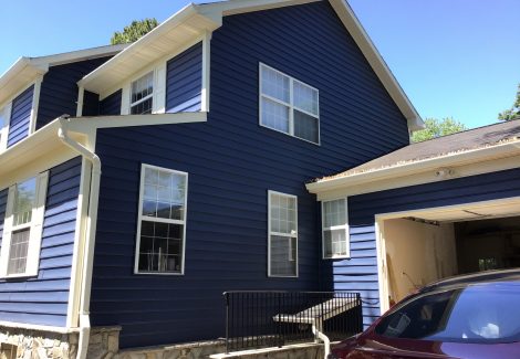 side view of blue and white home