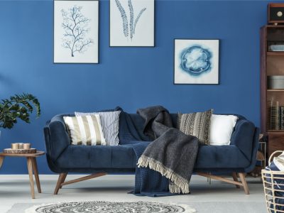deep blue living room painting
