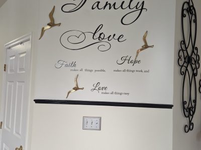 Interior wall with decorative text and trim