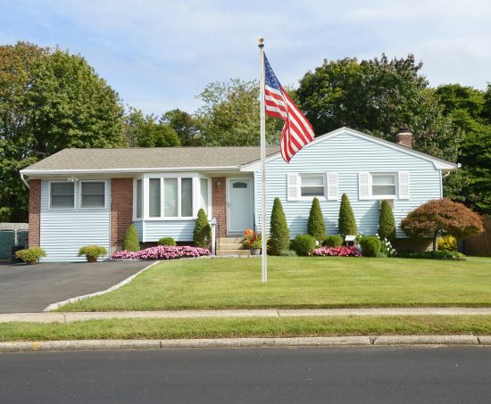 blue and white ranch style brick exterior