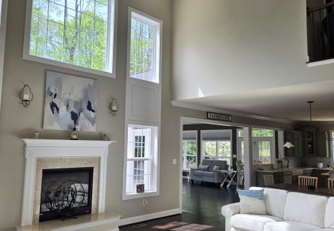 large living room with ceiling fan