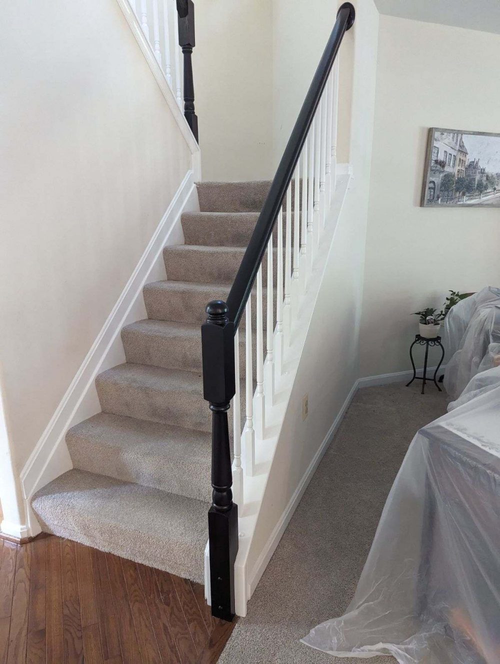 Interior Hand Rail Painting - View looking towards the steps from downstairs