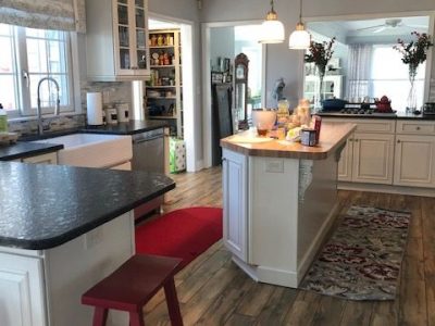 gray painted kitchen and dining room walls with white painted ceiling and trim