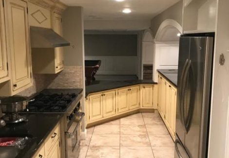 white painted basement kitchen ceiling and trim with gray painted walls