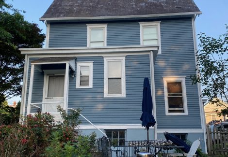 back of house with blue siding and whit trim