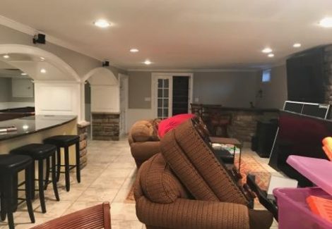 gray painted basement walls with white trim and ceiling