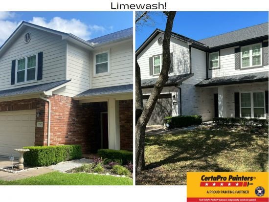 before and after comparison of two-story home exterior brick lime wash service