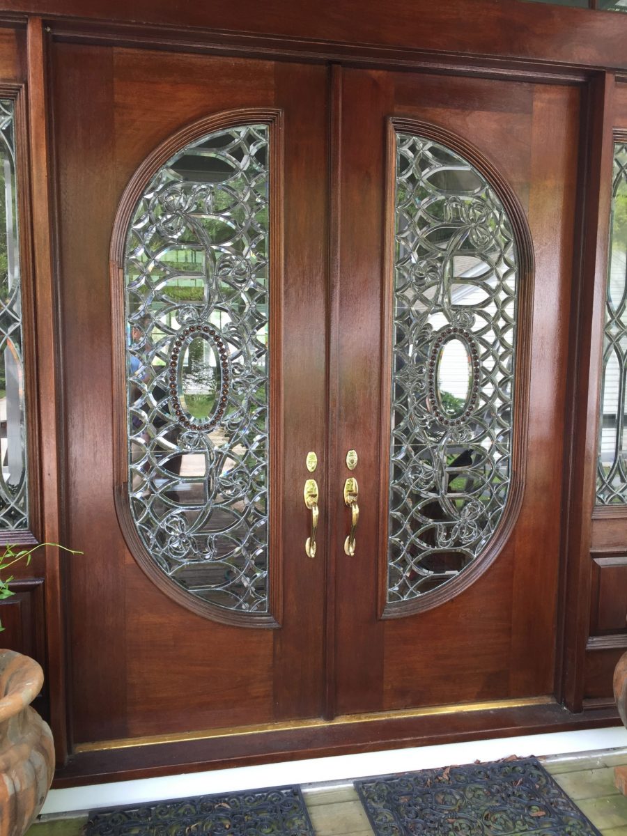 Stained wood double entry door with frosted glass Preview Image 1