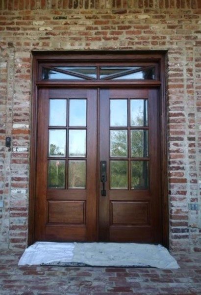 double entry wooden front door with grid on glass windows Preview Image 2