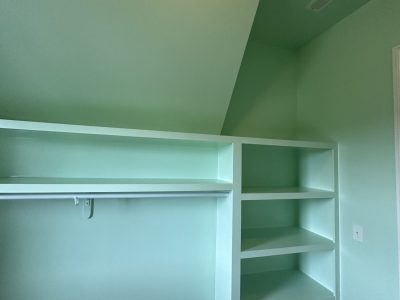closet with built in shelves and mint green paint