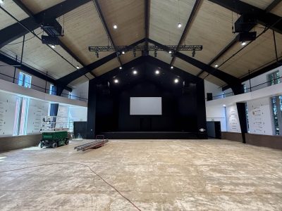 empty church interior with painted beams