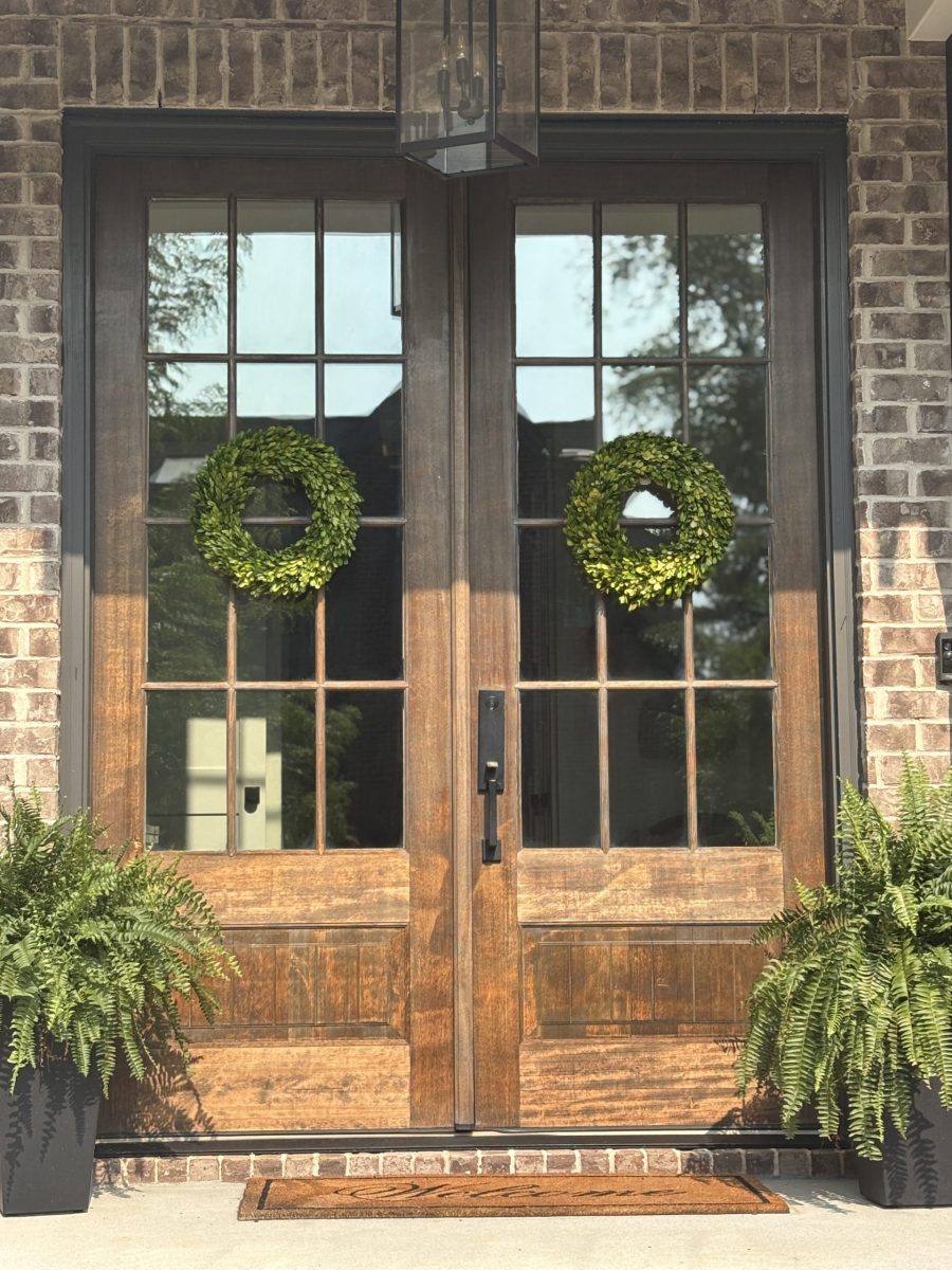 wooden double doors with window wreaths Preview Image 1