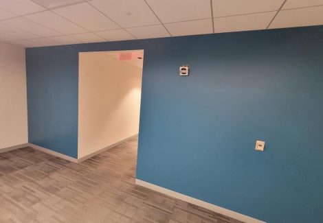 blue painted wall in office