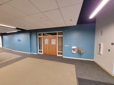 church interior with blue painted wall
