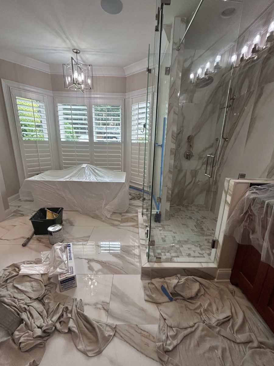 soaking tub in master bathroom with protective coverings for painting Preview Image 2