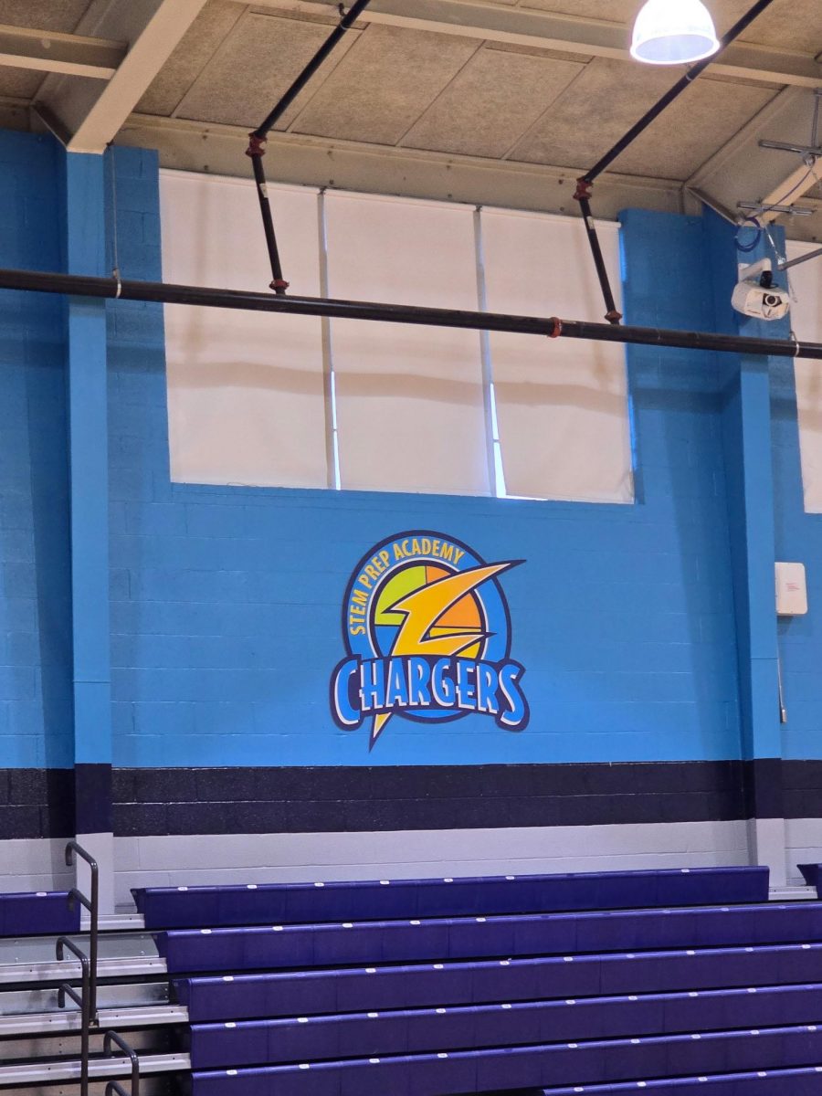 school gym with custom blue wall and lettering and logo Preview Image 2
