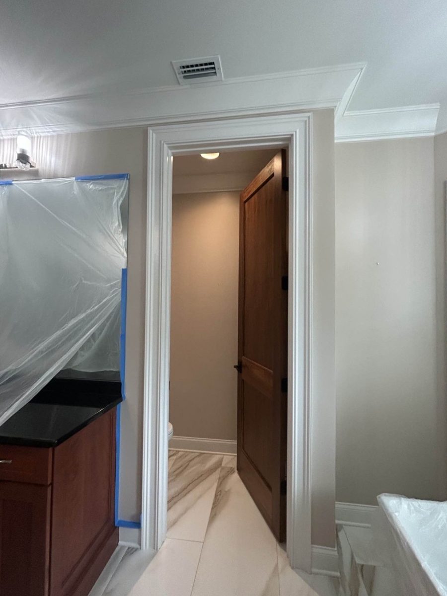 master bathroom doorway with protective plastic for painting Preview Image 4