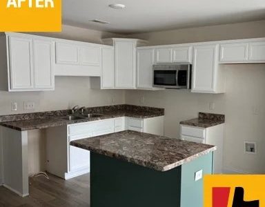 kitchen with repainted white cabinets
