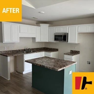 kitchen with repainted white cabinets