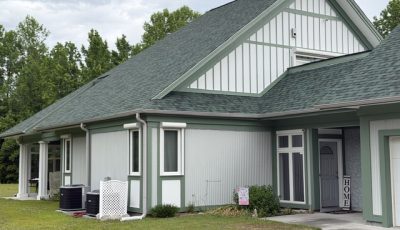 home exterior painted light sage green with darker green trim and accent areas