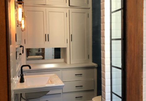 white bathroom with blue walls