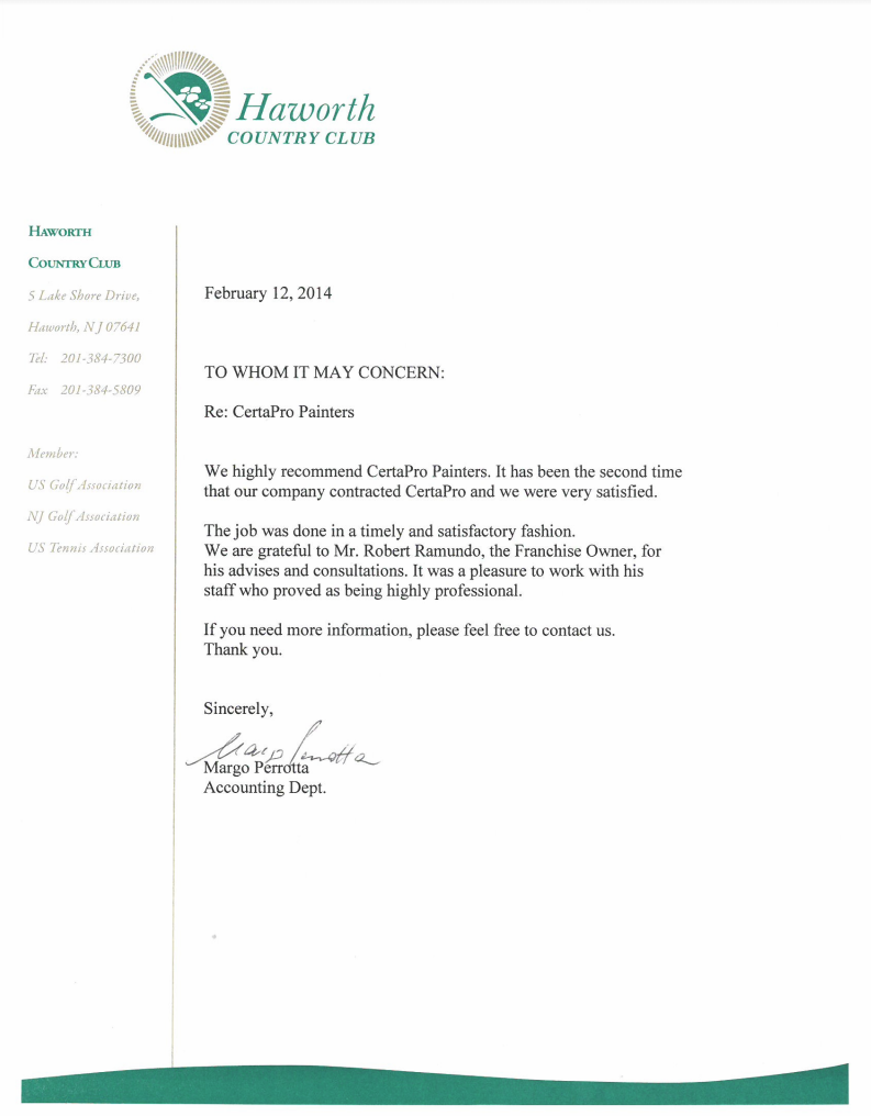 certapro north bergen haworth country club letter of recommendation
