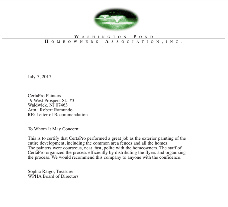 certapro north bergen washington pond homeowners association letter of recommendation