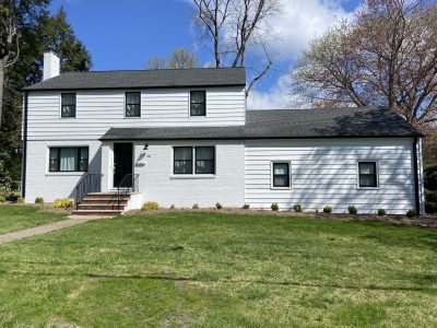 white exterior painting black windows and front door