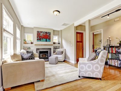 Fire place in a beige living room