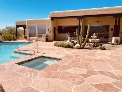 Stone patio with pool
