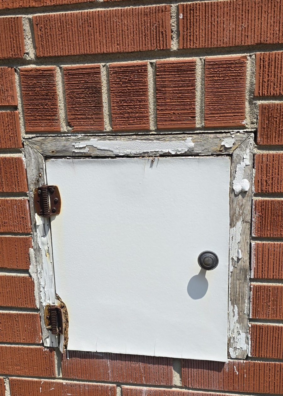 white door in brick wall with peeled paint and rusted hinges Preview Image 12