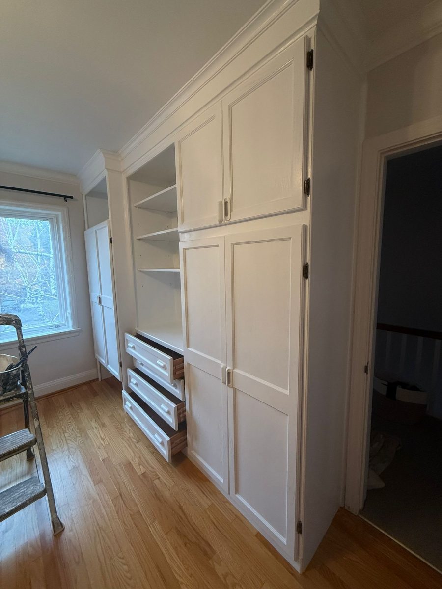 white painted built in cabinets