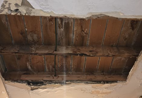 ceiling with damaged plaster and exposed beams