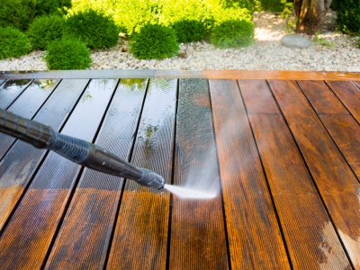 Power washing deck before staining