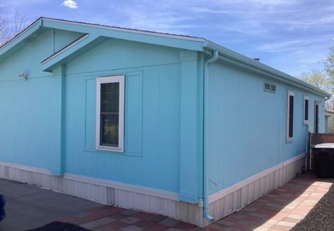 blue modular house exterior