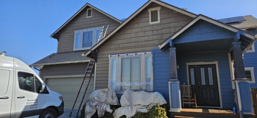 brown house exterior during blue repaint Preview Image 9