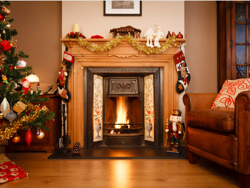 cozy fireplace and holiday decor