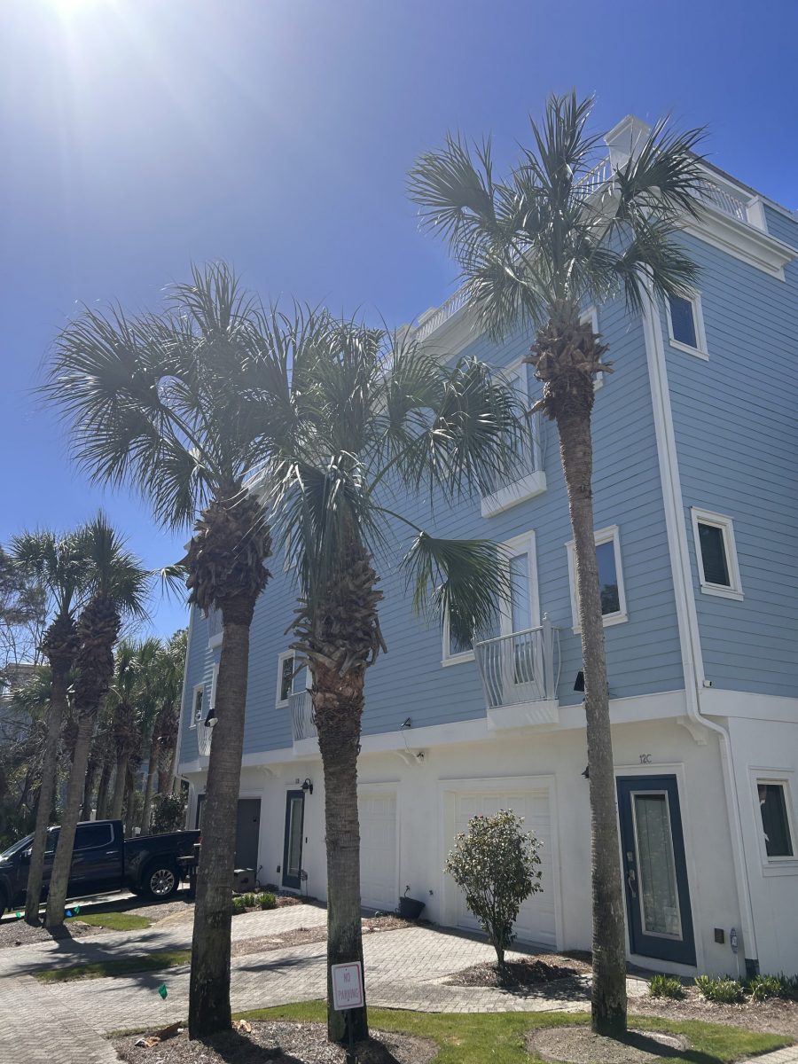 condo building exterior with painted blue siding and white trim and accents Preview Image 8