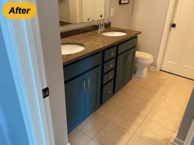 blue painted double sink bathroom vanity