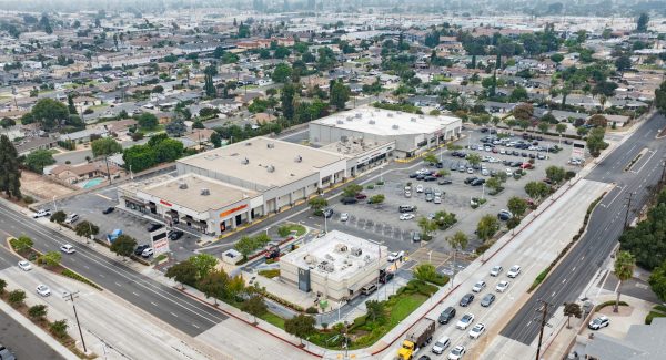 arial view of painted shopping center