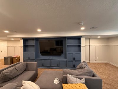 blue painted entertainment center