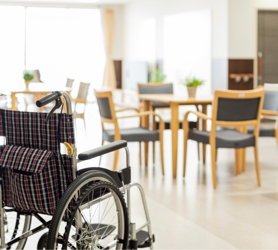 wheelchair in senior living facility in silicon valley