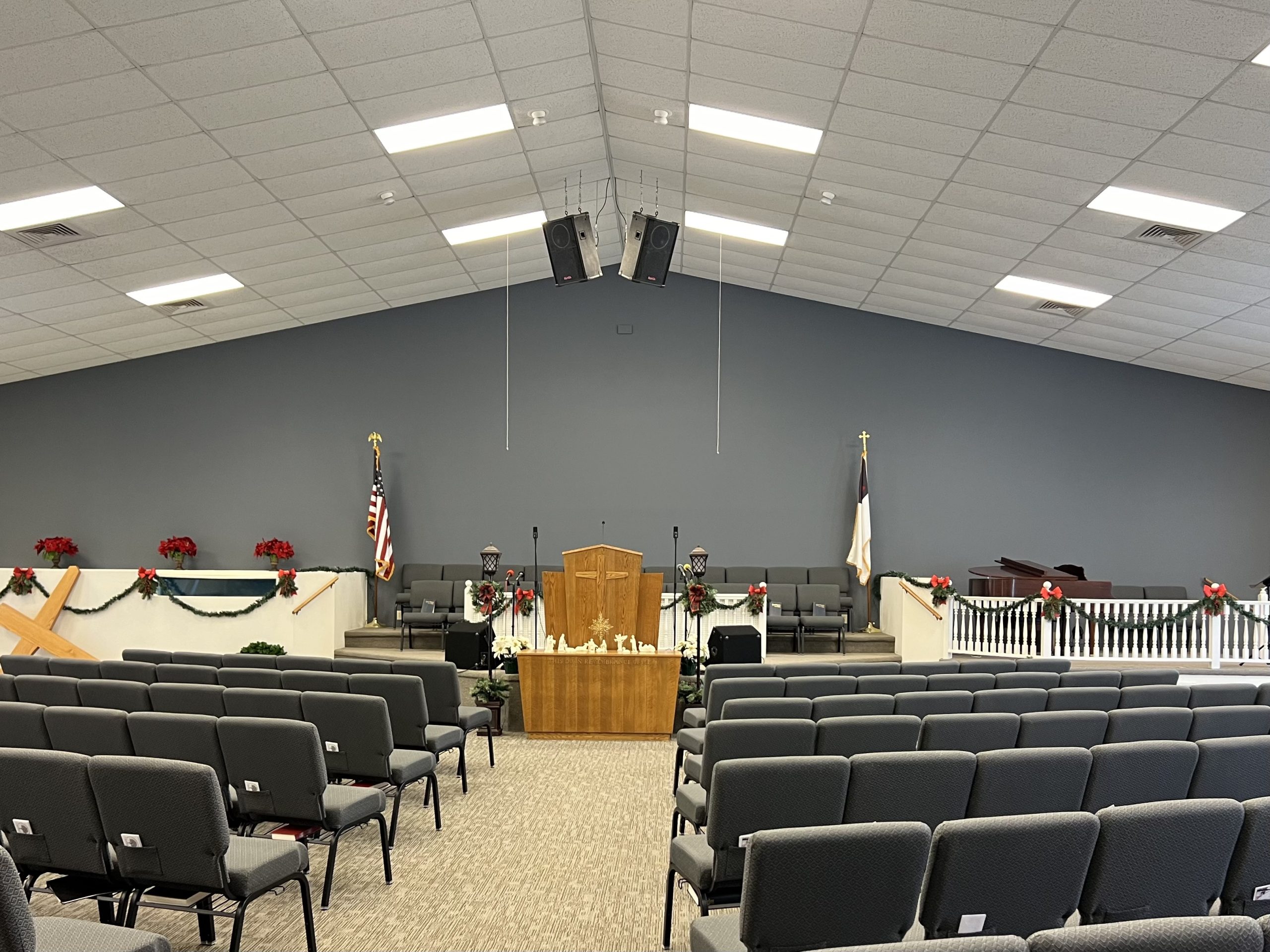 Gibraltar Gray color Church Auditorium in Sharpsburg, GA, after completed commercial interior painting project by CertaPro Painters of Peachtree City/Coweta County, GA