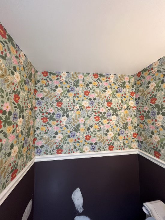 home bathroom with floral wallpaper