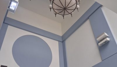 blue and white painted lobby
