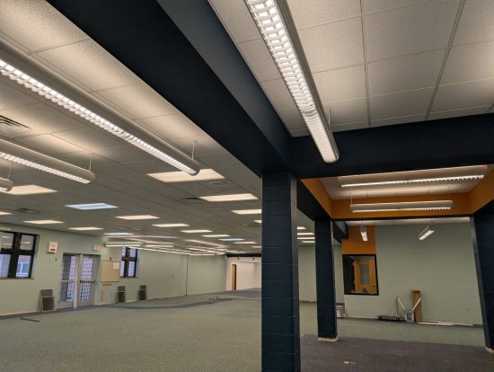 school library with blue painted columns