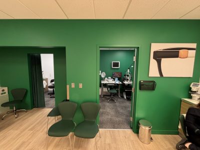 eye doctor office with bright green wall