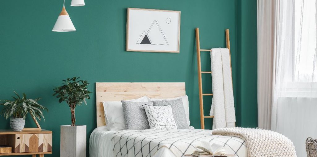 green and light gray bedroom